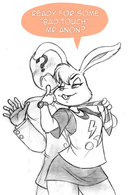 ?_face anthro bedroom_eyes blush breasts buckteeth clock clothing dialogue duo female half-closed_eyes male narrowed_eyes open_mouth seductive speech_bubble suit teeth text watch chochi stay_alert_stay_safe anon gert_(stay_alert_stay_safe) human lagomorph leporid mammal rabbit english_text