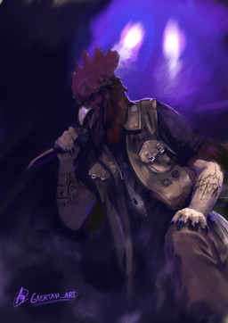 anthro arm_tattoo bottomwear clothing concert detailed_background electronics hand_on_knee hand_on_leg jacket leather leather_bottomwear leather_clothing leather_jacket leather_pants leather_topwear male microphone pants piercing realistic shirt singing solo t-shirt tattoo topwear gaertan avian bird chicken galliform phasianid detailed digital_drawing_(artwork) digital_media_(artwork) digital_painting_(artwork) hi_res painting_(artwork) shaded