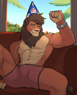 abs anthro anthrofied biceps bracelet bulge chair clock clothed clothing countershading fur furniture green_eyes hat headgear headwear inside jewelry looking_at_viewer male mane muscular muscular_anthro muscular_male navel orange_body orange_fur party_hat pecs scar sitting sky smile solo tan_body tan_fur topless underwear watch whiskers window wristwatch yellow_sclera jrjresq disney the_lion_king kovu_(the_lion_king) felid lion mammal pantherine 2021 hi_res