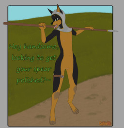 abstract_background anklet anthro armor bedroom_eyes black_body black_fur blush bodily_fluids body_blush chainmail dialogue dirt dirt_road dirty dirty_feet dripping fellatio_gesture female flat_chested fur genitals gesture glistening glistening_eyes grass green_eyes hand_gesture jewelry knife loli looking_at_viewer melee_weapon mostly_nude narrowed_eyes navel nipples open_mouth paws pink_nipples pink_tongue plant polearm saliva saliva_drip saliva_on_tongue saliva_string seductive sky solo spear straps suggestive suggestive_dialogue suggestive_gesture suggestive_pose talking_to_viewer teeth text thigh_strap tongue tongue_out unconvincing_armor vulva vulva_blush weapon young young_anthro coffeekit canid canine canis dobermann domestic_dog mammal pinscher colored english_text hi_res