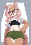 anthro blush bottomwear breasts clothed clothing crop_top cute_fangs eyewear fangs female female_anthro fur glasses hair hand_on_hip kemono long_hair looking_at_viewer low-angle_view midriff shirt shorts solo tail teeth topwear wearing_glasses unousaya canid canine canis domestic_dog mammal 2024 digital_media_(artwork)