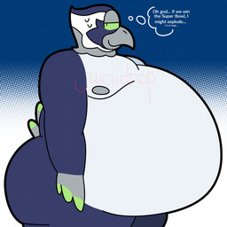 anthro beak belly belly_overhang big_belly big_butt big_moobs blue_body bodily_fluids butt countershading dialogue feather_hands feathers gradient_background green_fingers green_sclera grey_beak grey_body grey_feathers grey_hands huge_belly huge_butt looking_aside male mascot moobs narrowed_eyes nude overweight simple_background smile solo standing sweat sweatdrop text thick_thighs thinking thought_bubble toony white_belly white_body juiciidrop nfl seattle_seahawks super_bowl blitz_the_seahawk accipitrid accipitriform avian bird seahawk 1:1 2026 absurd_res english_text hi_res