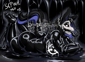 anthro big_breasts big_butt black_hair black_latex black_sclera bone breasts butt dialogue female hair huge_breasts latex liquid_latex looking_at_viewer multicolored_hair nude nude_anthro nude_female purple_hair skull skull_head solo tail text thick_thighs tongue tongue_out two_tone_hair two_tone_tail white_eyes rikatsuky scp_foundation scp-1471-a canid canine mammal skulldog_(species) symbiote 2025 absurd_res english_text hi_res