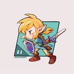 blonde_hair blue_eyes blush boots clothing footwear gloves hair handwear holding_melee_weapon holding_object holding_sword holding_weapon humanoid_pointy_ears light_body light_skin male master_sword melee_weapon not_furry pointy_ears sheikah_slate shield shoes simple_background solo sword tablet_computer triforce weapon onemegawatt nintendo the_legend_of_zelda link humanoid hylian 1:1 2019 low_res signature