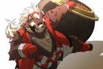 anthro belly clothing humanoid_hands male overweight overweight_anthro overweight_male robe simple_background solo teeth ha11nu lifewonders tokyo_afterschool_summoners goemon_(tas) canid canine mammal raccoon_dog tanuki 2019 hi_res