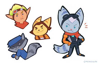 brown_nose chibi clothing cybernetic_arm cybernetic_limb eyewear female fluffy fluffy_tail fur goggles green_eyes green_hair grey_body grey_fur grey_nose group hair hat headgear headwear humanoid_pointy_ears male pink_nose pointy_ears purple_hair scarf semi-anthro smile tail white_eyes yellow_body yellow_fur chicinlicin jak_and_daxter naughty_dog ratchet_and_clank sly_cooper_(series) sony_corporation sony_interactive_entertainment sucker_punch_productions jak_(jak_and_daxter) ratchet_(ratchet_and_clank) rivet_(ratchet_and_clank) sly_cooper humanoid lombax mammal procyonid raccoon crossover signature