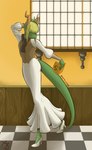 anthro clothed clothing crossdressing dress femboy footwear hair hair_over_eyes high_heels horn inside male scarf shoes solo tail window destrustor mythology tolenn_raspex dragon mythological_creature mythological_scalie scalie absurd_res hi_res