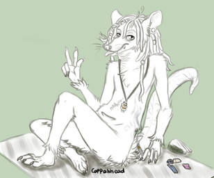alternative_fashion ambiguous_gender anthro dreadlocks drugs gesture hair hand_gesture hippie looking_at_viewer marijuana nude piercing pouch_(anatomy) simple_background smoke smoking solo stoned substance_intoxication tail v_sign coppahhead ray_(coppahhead) american_opossum mammal marsupial digital_drawing_(artwork) digital_media_(artwork) sketch