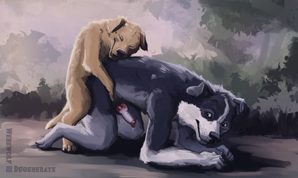 anal anal_knotting anal_penetration animal_genitalia animal_penis anthro anthro_on_feral anthro_penetrated bestiality biped bodily_fluids canine_genitalia canine_penis cum detailed_background digitigrade doggystyle dripping duo erection eyes_closed feral feral_penetrating feral_penetrating_anthro feral_penetrating_male from_behind_position fur genital_fluids genitals grass grey_body grey_fur happy happy_sex intraspecies intraspecies_bestiality knot knotting larger_sub looking_at_another looking_pleasured male male/male male_on_feral male_penetrated male_penetrating male_penetrating_anthro male_penetrating_male mating_grip mounting nature nature_background outside outside_sex penetration penile penile_penetration penis penis_in_ass plant precum precum_drip quadruped sex size_difference small_top_big_bottom smile submissive tail tree yellow_body yellow_fur werewolfdegenerate bird_dog border_collie canid canine canis collie domestic_dog herding_dog hunting_dog labrador mammal pastoral_dog retriever sheepdog 5:3 absurd_res digital_media_(artwork) digital_painting_(artwork) hi_res painting_(artwork)