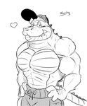 anthro bottomwear clothing hat headgear headwear male muscular muscular_anthro muscular_male pecs shorts simple_background smile solo krunchycroc sea_pupper krunch_(krunchycroc) alligator alligatorid crocodile crocodilian reptile scalie black_and_white hi_res monochrome sketch