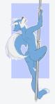 ambiguous_gender blue_body blue_fur brown_eyes fur horn looking_at_viewer pole pose simple_background solo white_body white_fur boblios canid canine mammal hi_res pinup