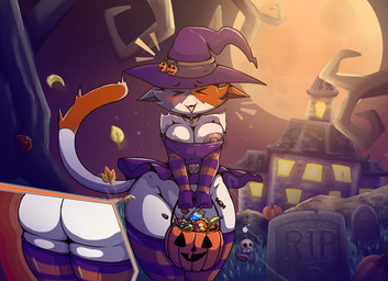 anthro autumn_leaves big_breasts big_butt blush bottomwear breasts bubble_butt butt candy cemetery cheek_tuft clothed clothing costume dessert facial_tuft female food fruit full_moon hat haunted_house headgear headwear holidays legwear magic_user miniskirt moon night nipple_slip nipples no_underwear plant pumpkin scared skindentation skirt squish stockings tail thick_thighs thigh_highs thigh_squish tombstone tuft upskirt wide_hips witch witch_costume witch_hat iguanasarecool epic_games fortnite halloween cate_meowdy calico_cat domestic_cat felid feline felis mammal 2025 digital_media_(artwork) hi_res
