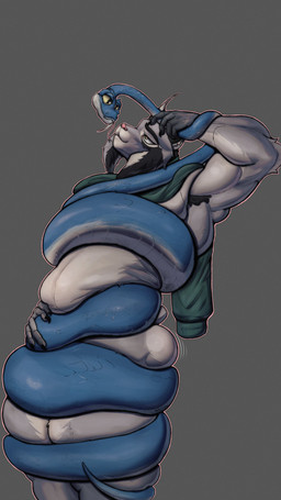 anthro armpit_hair belly belly_squish biceps blue_body blue_fur body_hair butt butt_squish claws clothing coiling coiling_another coiling_around_body coiling_around_leg coiling_around_torso duo eye_contact eyebrows feral fur grey_background grey_body grey_fur half-closed_eyes hug legs_up looking_at_another male male/male missing_tooth musclegut muscular muscular_anthro muscular_male narrowed_eyes navel nude raised_arm side_view simple_background size_difference smile squeezing squish standing sweater tongue tongue_out topwear wrapped_up derghy disney zootopia gary_de'snake pawbert_lynxley canada_lynx felid feline lynx mammal pit_viper reptile scalie snake viper 9:16 hi_res