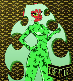 5_fingers bodysuit breasts clothing eyelashes featureless_breasts featureless_crotch female fingers glowing glowing_hair green_bodysuit green_clothing green_eyes green_hair green_lipstick green_skinsuit hair hand_on_hip hand_on_own_hip horn lipstick logo long_eyelashes long_hair looking_at_viewer makeup mouth_closed pattern_background pattern_clothing pattern_suit red_body red_skin sharp_tooth simple_background skinsuit solo spiky_hair standing suit tight_clothing eversonitro panty_and_stocking_with_garterbelt scanty_daemon bat demon demon_humanoid humanoid mammal 2018 absurd_res artist_logo digital_drawing_(artwork) digital_media_(artwork) hi_res