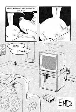 andromorph anthro blush dialogue duo electronics furniture intersex intersex/male male sharp_teeth shy sofa teeth television text cubert sam_and_max max_(sam_and_max) samuel_dog canid canine canis domestic_dog lagomorph leporid mammal rabbit comic english_text hi_res monochrome trans_(lore) trans_man_(lore)