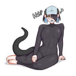 barefoot baseball_cap black_hair black_nails blue_hair blue_tongue bodily_fluids bodysuit breasts clothing colored_nails drooling ear_piercing electronics eye_patch eyewear feet female hair hair_over_eye hat headgear headphones headwear humanoid_feet multicolored_hair nails piercing plantigrade pose pupils question_mark saliva sharp_teeth simple_background sitting skinsuit slit_pupils solo tail teeth tight_clothing tongue white_background yokozuwari parasitictongue arknights hypergryph studio_montagne asbestos_(arknights) amphibian amphibian_humanoid animal_humanoid humanoid salamander_humanoid tailed_humanoid 1:1 2023