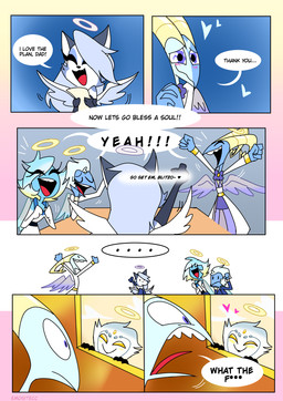 anthro back_wings blue_body blue_eyes blue_skin blush censored_profanity dialogue eyelashes feathered_wings feathers female flower_accessory freckled_face freckles group halo horn long_eyelashes male motion_lines text tuft wings young emositecc hellaverse helluva_boss mythology blitzo_(helluva_boss) cikap-kamuy loona_(helluva_boss) millie_(helluva_boss) moxxie_(helluva_boss) stolas_(helluva_boss) angel angel_humanoid avian bird canid canid_angel canine cherub deity humanoid mammal mythological_avian mythological_creature owl censored colored comic english_text hi_res