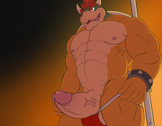 abs anthro bracelet clothing erection genitals hair horn humanoid_genitalia humanoid_penis jewelry male muscular muscular_anthro muscular_male nipples open_mouth pecs penis pole red_hair sharp_teeth smile solo spiked_bracelet spikes standing stripper_pole teeth thong underwear vein veiny_penis tigerfur mario_bros nintendo bowser koopa reptile scalie 2019 absurd_res hi_res