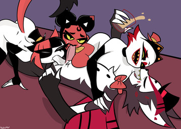alcohol ball_suck beverage cat_tail eyelashes fellatio female freckled_face freckles group group_sex liquor long_eyelashes male male/female oral penile sex sucking tear_trough aptom7747 hazbin_hotel hellaverse hellverse husk_(hazbin_hotel) huskettes_(hazbin_hotel) animal_humanoid canid canine canis cat_humanoid domestic_dog felid felid_humanoid feline feline_humanoid humanoid husky imp mammal mammal_humanoid nordic_sled_dog spitz hi_res
