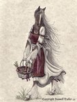 anthro basket biped clothed clothing container female hair hooves long_hair simple_background solo text russell_tuller equid equine horse mammal 2011 english_text