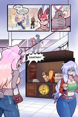 anthro big_breasts black_hair blonde_hair blue_eyes blush blush_stickers bottomwear breasts clothed clothed_anthro clothed_female clothing denim denim_bottomwear denim_clothing dialogue ear_piercing ear_ring eating eating_food extreme_size_difference female feral food gloves grey_body group hair handwear jeans larger_female long_hair male mall micro_anthro micro_male muffin orange_hair pants piercing pink_hair purple_hair ring_piercing running semi-anthro size_difference smaller_male speech_bubble sweater text topwear yellow_eyes jamoart alex_(furrybound) bethany_(jamoart) courtney_(jamoart) hampt_(jamoart) helene_marilyn scarlett_(furrybound) armadillo canid canine capybara caviid cricetid felid fox hamster lagomorph leporid lion mammal pantherine rabbit rodent xenarthran 2026 absurd_res comic english_text hi_res