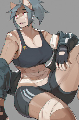 5_fingers abs anthro athletic athletic_anthro athletic_female athletic_wear band-aid bandage biceps blue_hair bottomwear bra breasts brown_body brown_fur cleavage clothed clothing eyebrows female fingerless_gloves fingers fur gloves grey_background hair handwear jacket midriff muscular muscular_female open_mouth pink_eyes ponytail sharp_teeth shorts simple_background sitting solo spandex spandex_shorts sports_bra teeth text text_on_bra text_on_clothing text_on_sports_bra text_on_topwear text_on_underwear tight_bottomwear tight_clothing tight_shorts tomboy topwear underwear notglacier kei_(notglacier) domestic_cat felid feline felis mammal absurd_res digital_drawing_(artwork) digital_media_(artwork) english_description hi_res