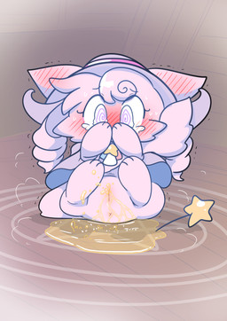 accident animal_ears blush blush_lines bodily_fluids clothing desperation embarrassed female feral fur furgonomic_hat furgonomic_headwear furgonomics genital_fluids genitals hat headgear headwear omorashi peeing solo spread_legs spreading star_accessory tail tears urine urine_pool vaginal vaginal_fluids vulva mttbsmn devil_connection makemon meteor_(makemon) domestic_cat felid feline felis mammal 2026 absurd_res hi_res