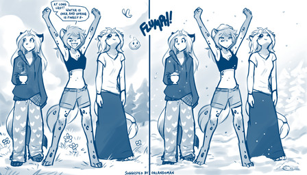 annoyed anthro arms_above_head barefoot beverage biped bottomwear breasts claws cleavage clothed clothed_anthro clothed_female clothing dialogue feet female fingers front_view fully_clothed fully_clothed_anthro fully_clothed_female fur group hair halter_top heart_clothing heart_symbol holding_beverage holding_object hoodie legwear looking_aside looking_up markings midriff narrowed_eyes navel open_mouth open_smile outside pattern_clothing pattern_legwear shirt shorts skirt smile spots spotted_body spotted_fur spotted_markings spotted_tail standing tail tail_markings tail_tuft teeth text toe_claws toes tongue topwear trio tuft conditional_dnp tom_fischbach twokinds kathrin_vaughan laura_(twokinds) willow_wisp canid canine canis felid fox hybrid keidran lion mammal pantherine snow_leopard will-o'-the-wisp wolf 2026 7:4 blue_and_white comic digital_drawing_(artwork) digital_media_(artwork) english_text hi_res monochrome sketch