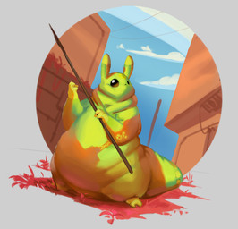 2_toes 3_fingers ambiguous_gender anthro belly big_belly big_tail black_eyes building feet fingers grass green_body improvised_weapon melee_weapon obese overweight overweight_ambiguous overweight_anthro plant polearm rebar solo spear tail toes weapon citrusslugcat rain_world videocult citrus_(slugcat) slugcat