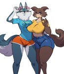 anthro big_breasts bodily_fluids bottomwear breast_size_difference breasts brown_body brown_fur clothing crop_top duo eyewear female fingers fur huge_breasts purple_eyes shirt shorts smile sunglasses sweat sweatdrop thick_thighs topwear white_body white_fur wide_hips sssonic2 beastars illumination_entertainment sing_(movie) juno_(beastars) porsha_crystal canid canine canis mammal wolf 2024 crossover digital_media_(artwork) hi_res