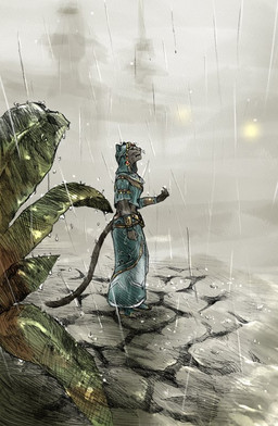 anthro clothed clothing female plant raining solo tail tree tomato_(artist) bethesda_game_studios microsoft the_elder_scrolls the_elder_scrolls_online khamira domestic_cat felid feline felis khajiit mammal