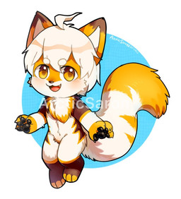 abstract_background anthro black_pawpads brown_body brown_fur chibi featureless_crotch front_view fur glistening glistening_eyes glistening_pawpads hair looking_at_viewer male messy_hair nude open_mouth open_smile orange_body orange_eyes orange_fur pawpads smile solo text white_body white_fur white_hair asnnonaka canid mammal 2017 artist_name dated full-length_portrait portrait signature watermark