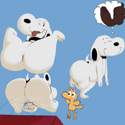 4_fingers anthro big_butt black_collar black_nose blue_background butt circumcised collar collar_only duo emoji erection eyebrows eyes_closed fantasizing feathers fingers flying fur genitals male mouth_closed nude on_one_leg one_eye_closed penis simple_background small_tail smile spread_legs spreading standing tail tail_feathers thick_thighs tongue tongue_out white_body white_fur yellow_body yellow_feathers colossalstars peanuts_(comic) snoopy woodstock_(peanuts) avian bird canid canine canis domestic_dog mammal 1:1 2026 absurd_res colored_sketch digital_drawing_(artwork) digital_media_(artwork) english_description hi_res sketch