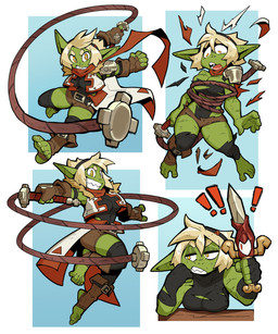 1_eye 5_fingers 5_toes accessory action_pose angry annoyed arm_support armband armor belt blonde_hair bodysuit boots bottomwear bound breast_rest breasts cleavage clenched_teeth clothed clothing dagger exclamation_point feet female fingerless_gloves fingers footwear gloves green_body green_skin hair hair_accessory hairband handwear holding_object holding_weapon humanoid_pointy_ears leaning_on_elbow legwear melee_weapon not_furry pauldron pointy_ears pose red_eyes scarf sharp_teeth shoes short_hair shorts skinsuit smile soles solo stockings teeth tight_clothing toeless_boots toeless_footwear toes toothy_grin topwear torn_clothing vest wardrobe_malfunction weapon whip yellow_eyes ceehaz catherine_(ceehaz) animate_inanimate goblin humanoid living_melee_weapon living_weapon 2023 5:6 absurd_res hi_res multiple_images