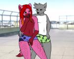 2015 anthro black_nose boxer_briefs briefs bulge canid canine canis clothing collar commodore digital_media_(artwork) duo eye_contact fur green_clothing green_underwear hair hi_res hyena james_(wrathykins) looking_at_another male male/male mammal navel outside pink_body pink_fur public purple_clothing purple_underwear russy_(artist) smile spotted_hyena standing underwear wolf