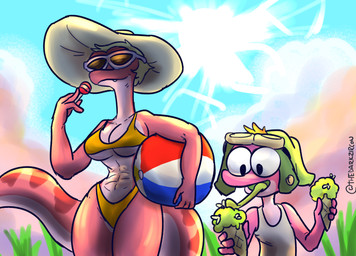 abs anthro ball beach_ball bikini breasts clothing dessert duo eyewear female food hat headgear headwear ice_cream inflatable male non-mammal_breasts summer sun sun_hat sunglasses swimwear two-piece_swimsuit under_boob young young_anthro thedarkzircon amphibia_(series) disney general_yunan sprig_plantar amphibian frog newt salamander 2021 hi_res