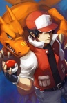 belt blue_eyes bottomwear claws clothed clothing duo fangs feral fingerless_gloves frown gloves handwear hat headgear headwear jacket male membrane_(anatomy) membranous_wings open_mouth orange_body orange_skin pants red_eyes shirt snarling teeth topwear wings chikinnugets mythology nintendo pokemon pokemon_trainer red_(pokemon) charizard dragon generation_1_pokemon human mammal mythological_creature mythological_scalie pokemon_(species) scalie