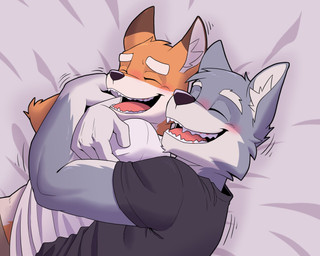anthro bed blush bottomwear clothed clothing cuddling drunk duo furniture happy hug hugging_another hugging_from_behind lying lying_on_bed male male/male on_bed pants raised_clothing raised_shirt raised_topwear shirt smile substance_intoxication topwear anjing_kampuss electron_(anjing) proton_(anjing) canid canine canis fox mammal wolf hi_res