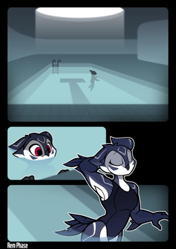 anthro beak clothing feathers female grey_body grey_feathers multicolored_body one-piece_swimsuit pink_eyes pool solo swimming swimwear tail tail_feathers two_tone_body water white_body rem_phase avian bird owl 2026 absurd_res comic hi_res