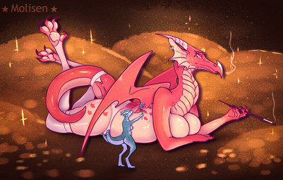 anthro big_breasts breasts cigarette cigarette_holder claws clothed clothing duo feet female female/female fin fin_piercing furgonomic_piercing furgonomics garter_straps gold_(metal) head_fin hindpaw horn larger_female leggings legwear lingerie lying membrane_(anatomy) membranous_wings non-mammal_breasts on_front panties pawpads paws piercing red_body red_scales scales size_difference smaller_female smoke smoke_from_nose smoking tail thigh_highs topless treasure treasure_hoard underwear wings molisen mythology dragon kobold mythological_creature mythological_scalie scalie absurd_res hi_res
