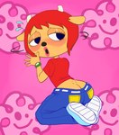 anthro big_butt blue_eyes blush bottomwear butt butt_cleavage clock clothing denim denim_bottomwear denim_clothing embarrassed female footwear fur hair horn jeans lipstick looking_at_viewer looking_back makeup pants pink_background red_hair shirt shoes simple_background solo tan_body tan_fur topwear watch wristwatch outta_sync parappa_the_rapper sony_corporation sony_interactive_entertainment um_jammer_lammy lammy_lamb bovid caprine mammal sheep