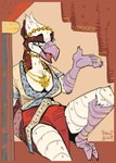 anthro beak breasts clothing female golden_necklace jewelry looking_at_viewer necklace non-mammal_breasts open_beak open_mouth robe scuted_legs scutes sitting solo thick_thighs tongue tongue_out mawkvlt avian bird hi_res