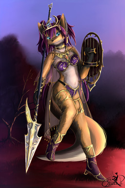 anthro armor belly blue_eyes boots breasts clothing crown dead_tree ear_piercing female footwear fur hair halberd headgear holding_object holding_weapon kemono melee_weapon piercing plant polearm purple_hair shield shoes smile solo tiara tree weapon fadingsky canid canine fox mammal 2:3 absurd_res hi_res