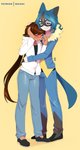 anthro blue_hair brown_hair clothed clothing duo female hair male smile matemi nintendo pokemon joe_(joethecarioartist) shira_kaisuri generation_4_pokemon human lucario mammal pokemon_(species) 2020 digital_media_(artwork) hi_res