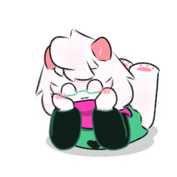 anthro blush clothing eyewear feet fur glasses hand_on_head holding_face horn legs_up male male/male robe scarf smile solo white_body white_fur yuyuawa deltarune undertale_(series) ralsei bovid caprine goat mammal 1:1 low_res