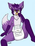 ageplay anthro black_nose blue_background clothed clothing diaper front_view fur glistening glistening_eyes hair infantilism inner_ear_fluff looking_at_viewer male pacifier purple_body purple_fur purple_hair roleplay short_hair simple_background sitting solo tuft wearing_diaper white_body white_diaper white_fur white_inner_ear_fluff yellow_eyes riddlr canid mammal hi_res signature