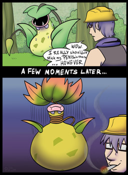 ambiguous_gender armor cigarette dialogue duo eyewear feral glasses headgear helmet leaf male plant smoking smoking_cigarette text yellow_body p.v.su game_freak nintendo pokemon pokemon_legends_z-a generation_1_pokemon generation_9_pokemon human mammal mega_evolution mega_victreebel pokemon_(species) victreebel absurd_res comic english_text hi_res meme