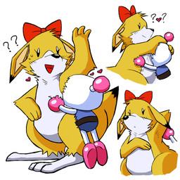 anthro armpit_fetish black_eyes black_nose bow_ribbon cheek_tuft countershade_torso countershading duo eyelashes facial_tuft feet female fur heart_symbol hug machine male male/female open_mouth paws pit_anon question_mark raised_arm standing tail toes tuft white_body white_fur yellow_body yellow_fur bomberman konami gyarooi humanoid kangaroo louie_(bomberman) macropod mammal marsupial robot