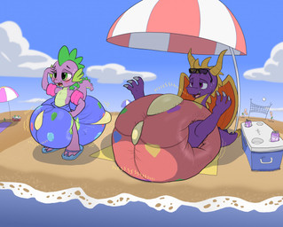 ambiguous_gender anthro arm_floatie back_wings beach beach_towel beverage beverage_can big_diaper bodily_fluids bottomwear claws clothed clothing cloud cooler day diaper diaper_under_clothing duo eyewear eyewear_on_head feet feral finger_claws flip_flops footwear genital_fluids green_eyes half-closed_eyes horn legs_up looking_pleasured lying narrowed_eyes net on_back onomatopoeia open_mouth open_smile outside pattern_diaper pool_float purple_body purple_eyes sand sandals sea seaside shoes shorts smile sound_effects spikes spikes_(anatomy) sport spread_legs spreading standing summer sunglasses sunglasses_on_head sweat sweatdrop swimming_trunks swimwear tail tapering_tail text toe_claws torn_bottomwear torn_clothing towel umbrella unclean_diaper under_shade urine used_diaper volleyball volleyball_net wardrobe_malfunction water wearing_diaper wet_diaper wetting wetting_diaper wings yellow_horn parumpee activision friendship_is_magic hasbro my_little_pony mythology spyro_the_dragon spike_(mlp) spyro dragon mythological_creature mythological_scalie scalie 2022 crossover male_(lore)