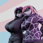 anthro big_breasts breasts clothing duo eyewear gynomorph huge_breasts intersex lgbt_pride pride_colors smile sunglasses transgender_pride_colors haolde blender_cycles lgbt_pride_month genevieve_(lunhaadviin) nadege_(lunhaadviin) reptile scalie snake 1:1 3d_(artwork) digital_media_(artwork) hi_res gynomorph_(lore)